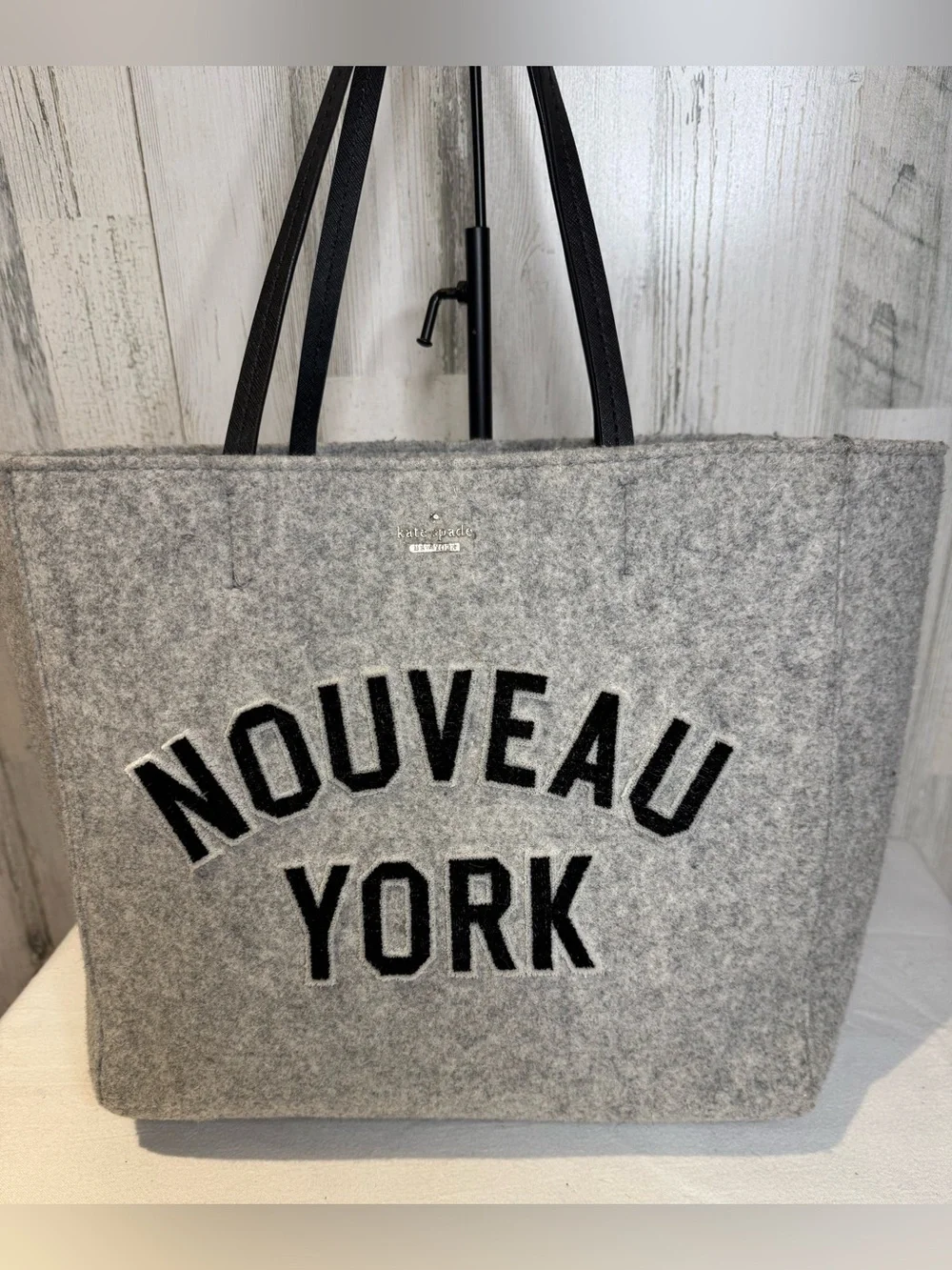 Kate Spade Gray  'NOUVEAU YORK' Tote with Black Leather Trim Like New